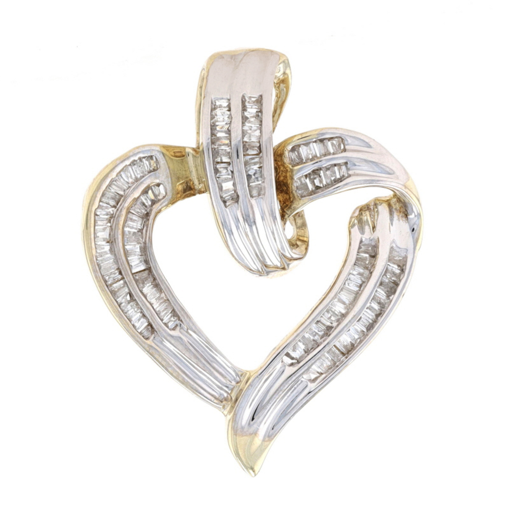 Yellow Gold Diamond Ribbon Heart Pendant - 10k Baguette .25ctw Love